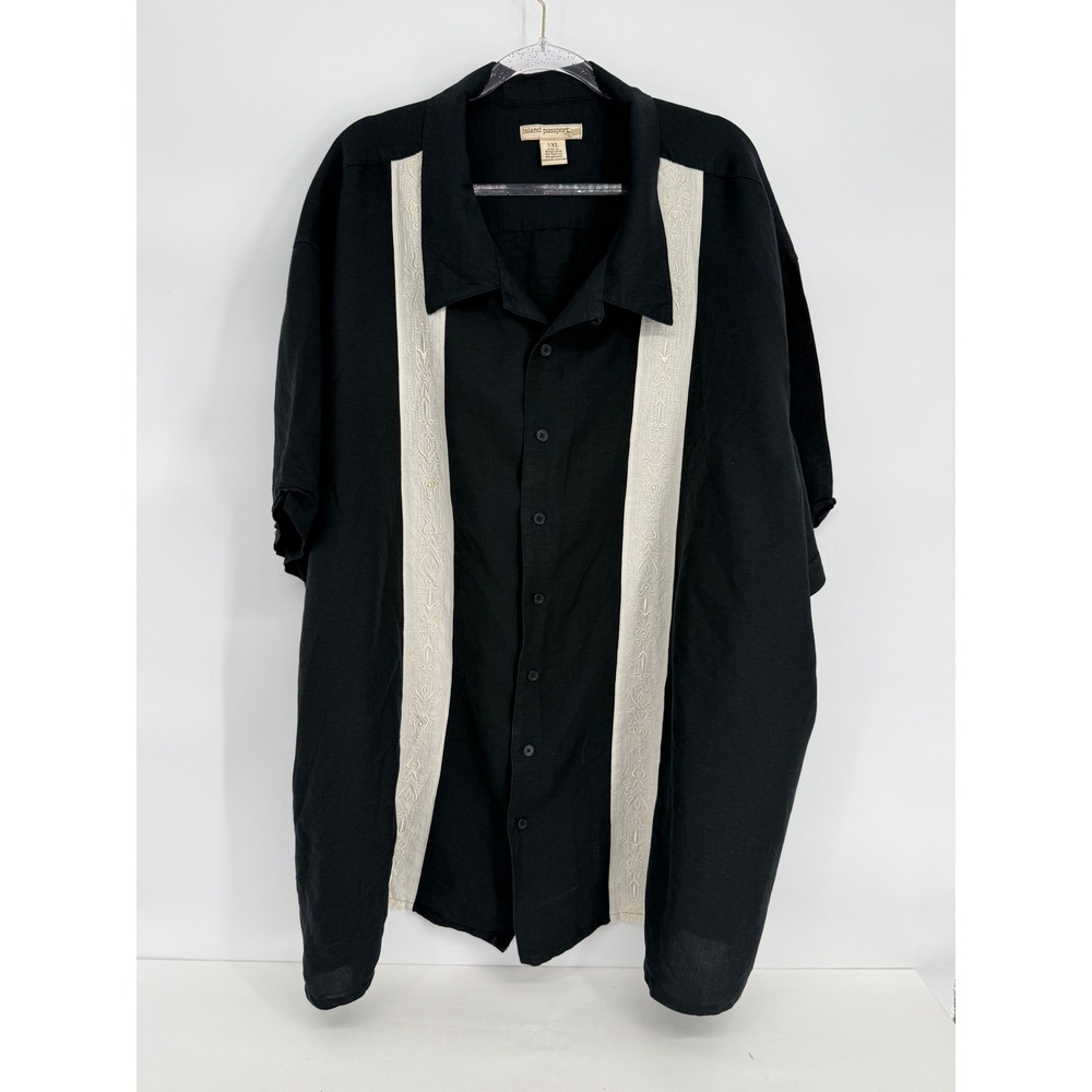 Island Passport Mens Sz 5XL Black Linen Blend Embroidered Panel Bowling Shirt